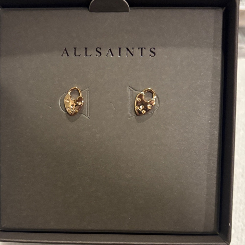 All saints Gold Heart Padlock Stud Earrings - Elegant Women's Jewelry - Picture 2 of 5